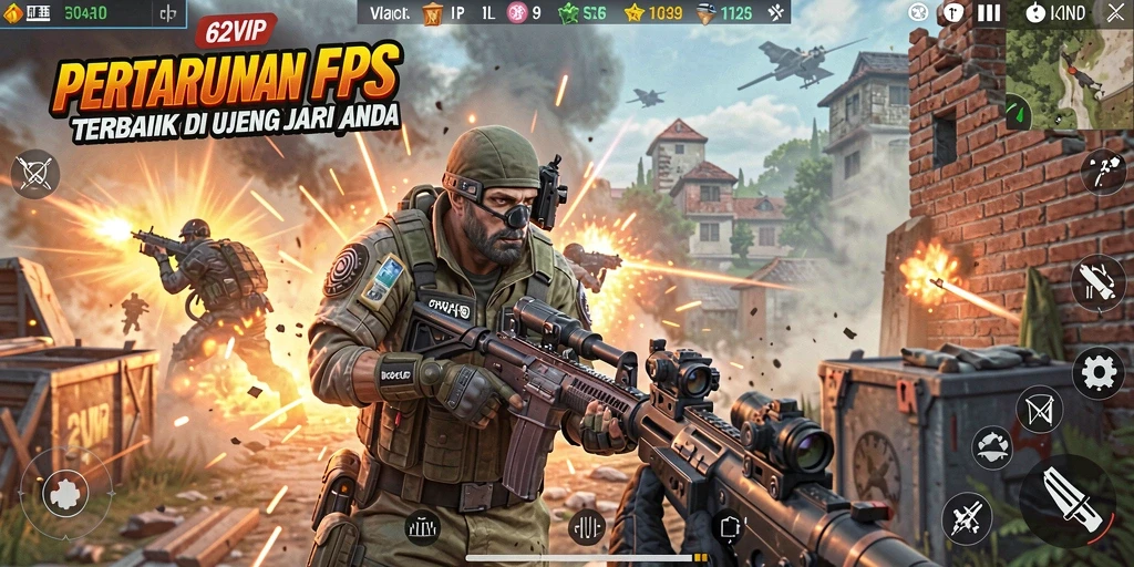 Screenshot gameplay 62VIP menampilkan momen seru dalam pertempuran FPS.