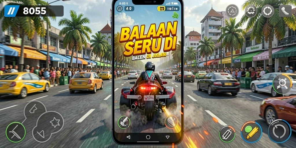 Tampilan gameplay yang menegangkan pada lintasan balapan 8055.