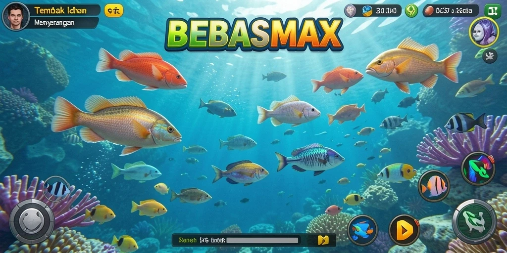 Tampak gameplay seru dari BEBASMAX dengan berbagai ikan menarik.