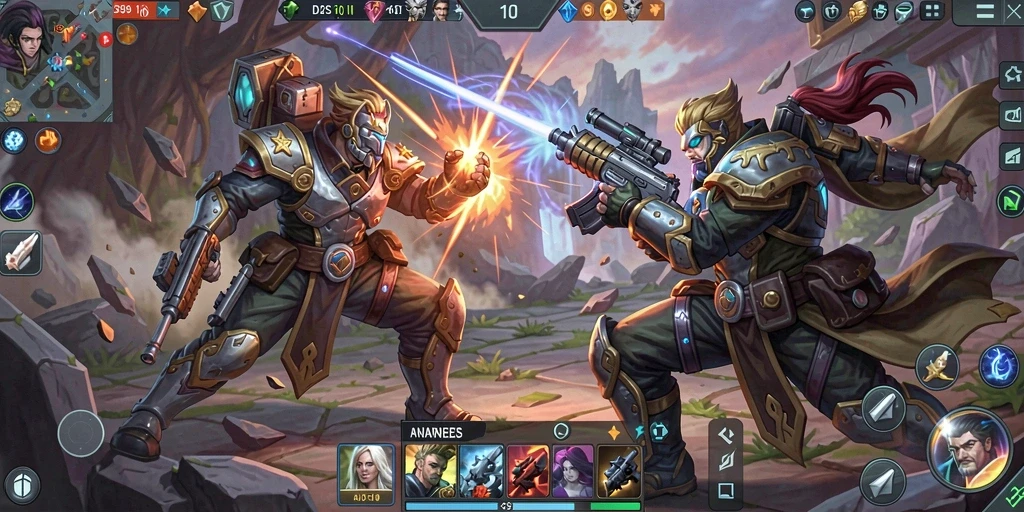 Gameplay seru DS99 dengan pertempuran pahlawan yang intens.