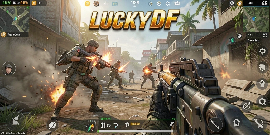 Tampilan gameplay menegangkan dalam <strong>LUCKYDF</strong> dengan aksi tembak-menembak yang intens.