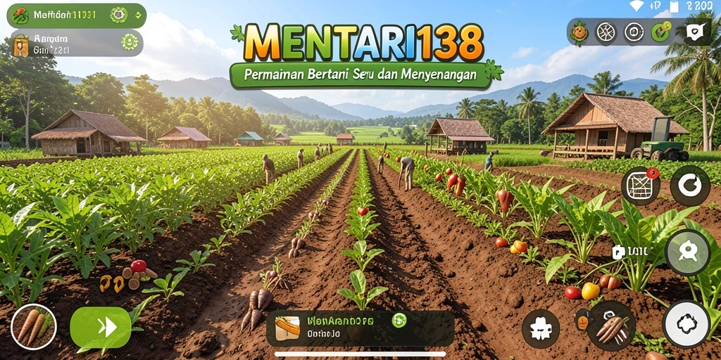 Tangkapan layar gameplay MENTARI138 menunjukkan ladang subur dan penanaman yang ceria.