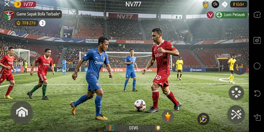 Tampilan gameplay NV77 dengan aksi sepak bola yang intens.