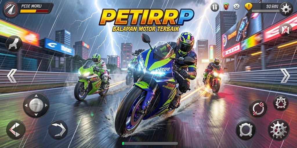Screenshot menampilkan serunya gameplay PETIRRP balap motor yang intens.