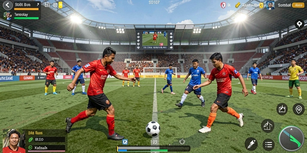 Tampilan gameplay yang seru dalam SD107 dengan aksi sepak bola yang mendebarkan.