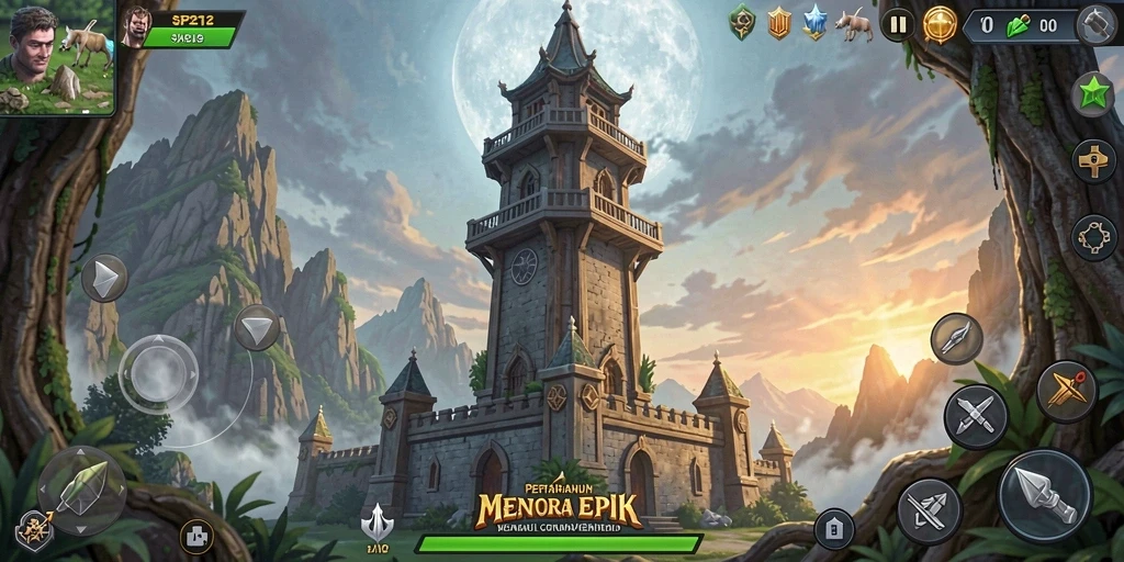 Tampilan gameplay SP212 dengan menara yang berdiri kokoh menghadapi serangan musuh.