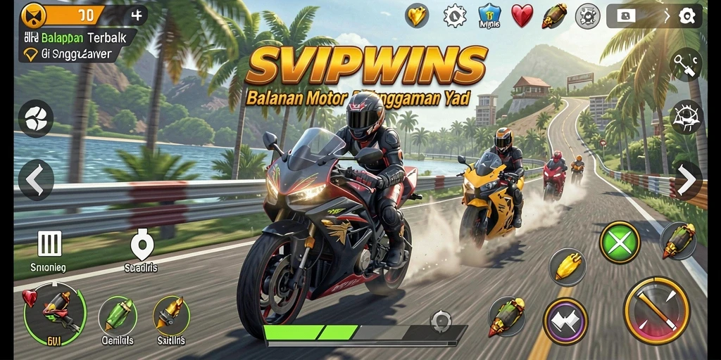 Tangkapan layar gameplay SVIPWINS yang menunjukkan balapan motor yang seru.