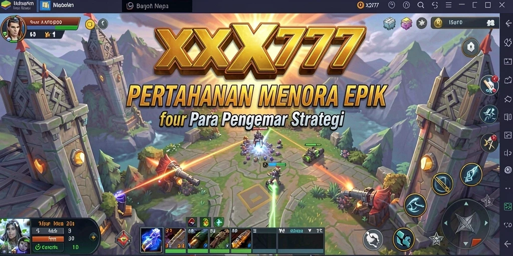 Screenshot utama XXX777 menampilkan aksi pertahanan menara yang menegangkan.